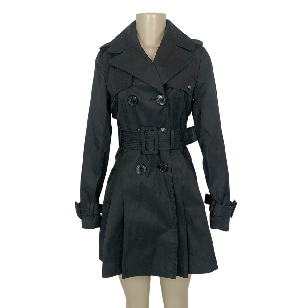 Vintage Miss Sixty Black Belted Trench Coat Jacket Collared Size XS Y2K 90s READ